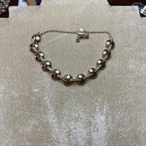 Banana Republic Puffy Disks Gold Tone Pave Crystal Bolo Bracelet Adjust Slider
